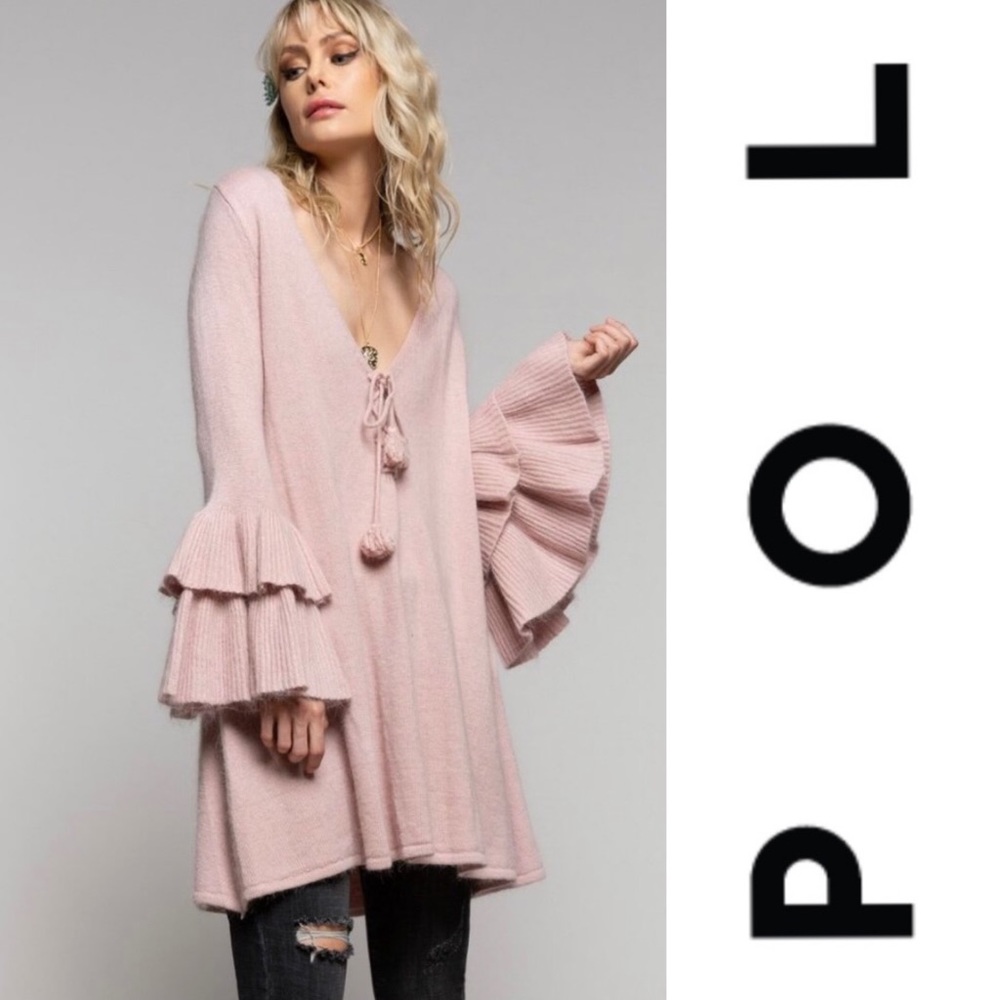 Rose Pink Tiered Bell Sleeve Tunic Sweater